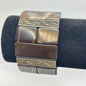 Wide Stretch Cuff Bracelet Brown Amber Resin Tiles Silver Filigree‎ Accents Boho